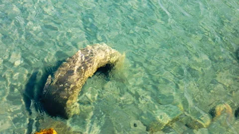 Submerged Old Tire Arch in Shallow Clear Water with Algae Stock Footage 329930668