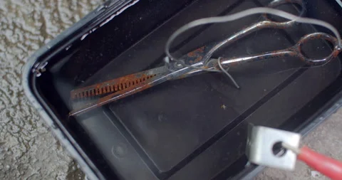Submerging a rusted pair of scissors into saltwater to start the electrolysis. Stock Footage 312949545