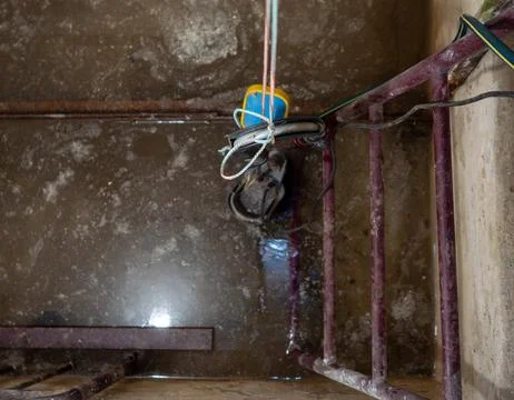 Submersible pump drainage in flooded basement pit Stock Photos