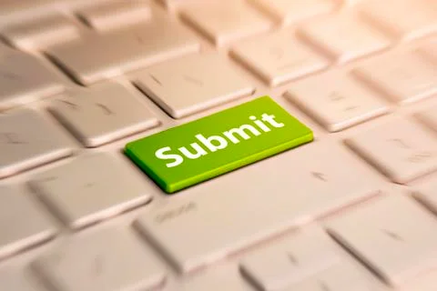 Submit Button. Keyboard Concept. Green Button grey Computer Keyboard. blurred Stock-Fotos