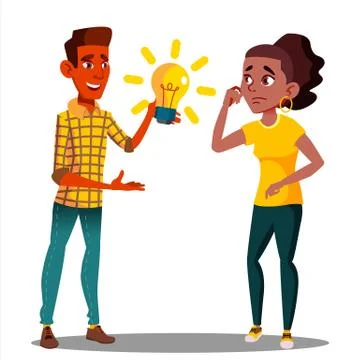 Submit An Idea, One Student Pulls A Glowing Light Bulb To Another Student Vector 스톡 일러스트