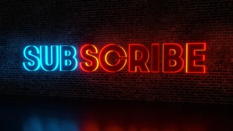 Subscribe appears in blue and orange neon letters, brick wall behind. Vídeos de archivo 336679816