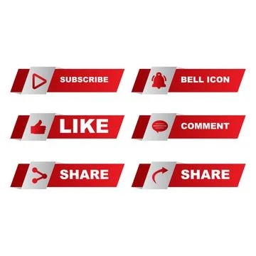 Subscribe button collection with multiple shapes. Red and white metallic colo Stock Illustration