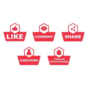 Subscribe button collection with the like, share, and comment section. Red co Illustrazione stock