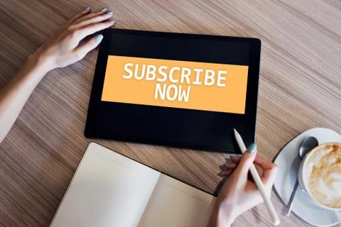 Subscribe button on device screen. Internet and digital marketing concept. Stock-Fotos