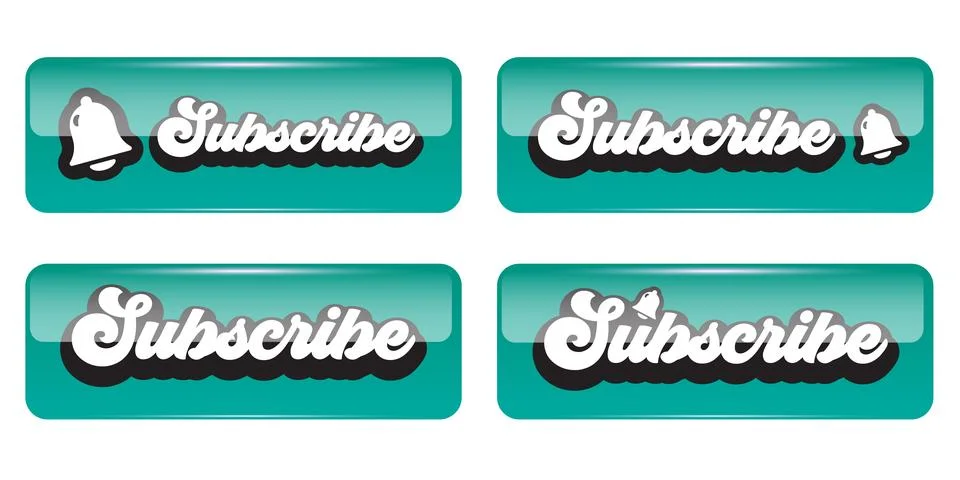 Subscribe button set with notification bell. Glossy turquoise subscribe retro Illustrazione stock