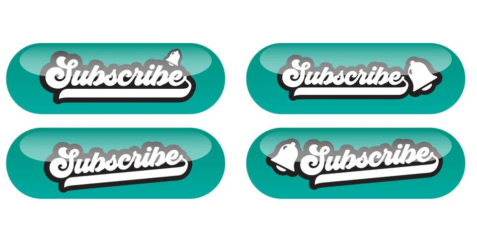 Subscribe button set with notification bell. Glossy turquoise subscribe retro Ilustración de archivo