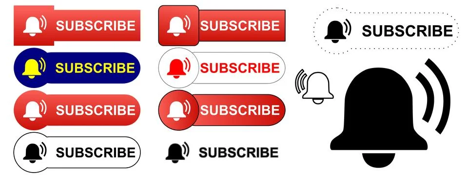 Subscribe button set, notification bell icons, social media UI elements イラスト素材