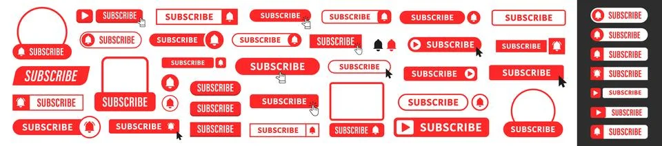Subscribe button. Set of red subscribe button template. Cursor or hand. Social m Stock Illustration