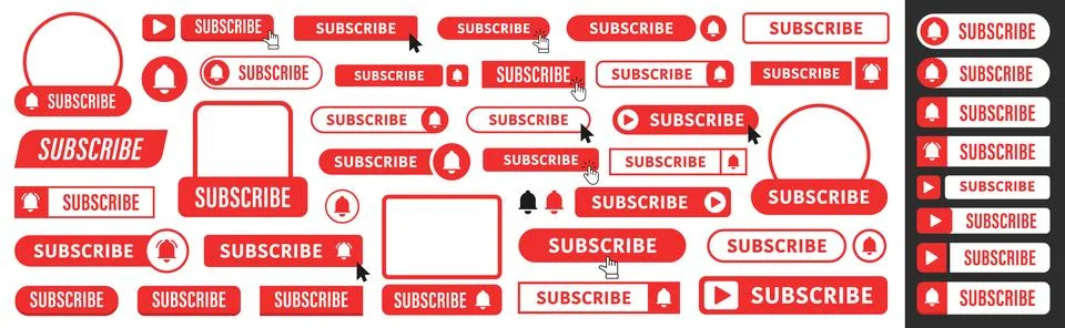 Subscribe button. Set of red subscribe button template. Cursor or hand. Soc.. Stock Illustration