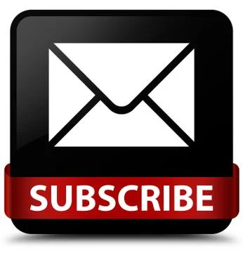 Subscribe (email icon) black square button red ribbon in middle Illustrazione stock