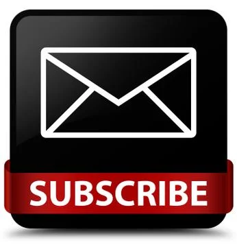 Subscribe (email icon) black square button red ribbon in middle Illustrazione stock