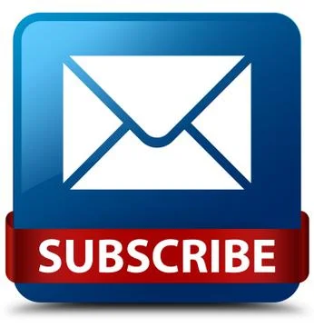 Subscribe (email icon) blue square button red ribbon in middle Stock Illustration