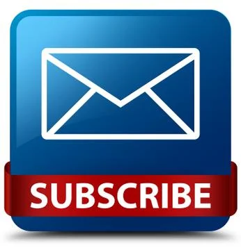 Subscribe (email icon) blue square button red ribbon in middle Stock Illustration