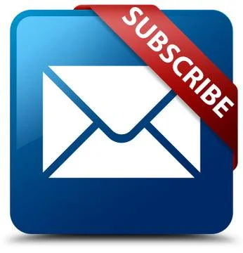 Subscribe (email icon) blue square button red ribbon in corner Stock Illustration