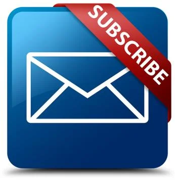 Subscribe (email icon) blue square button red ribbon in corner Stock Illustration