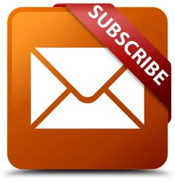 Subscribe (email icon) brown square button red ribbon in corner Illustrazione stock