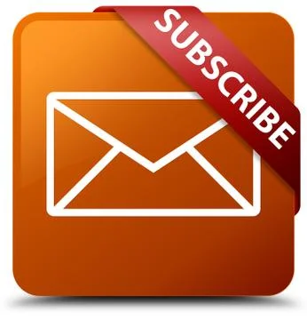 Subscribe (email icon) brown square button red ribbon in corner Stock Illustration
