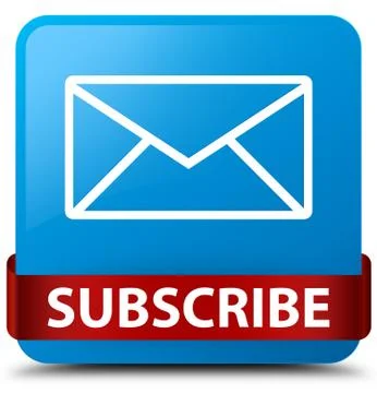 Subscribe (email icon) cyan blue square button red ribbon in middle Illustrazione stock