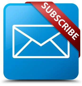 Subscribe (email icon) cyan blue square button red ribbon in corner Stock Illustration