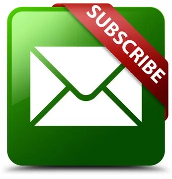 Subscribe (email icon) green square button red ribbon in corner Illustrazione stock