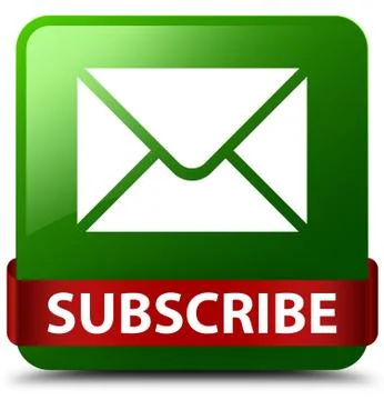 Subscribe (email icon) green square button red ribbon in middle Stock Illustration