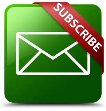 Subscribe (email icon) green square button red ribbon in corner Illustrazione stock