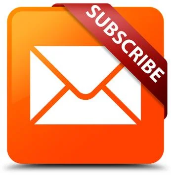 Subscribe (email icon) orange square button red ribbon in corner Illustrazione stock