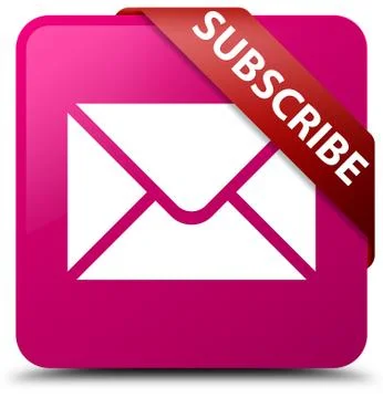 Subscribe (email icon) pink square button red ribbon in corner Stock Illustration