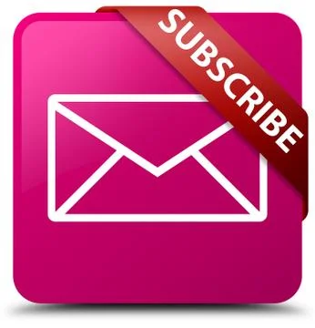Subscribe (email icon) pink square button red ribbon in corner Stock Illustration