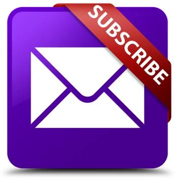 Subscribe (email icon) purple square button red ribbon in corner Illustrazione stock