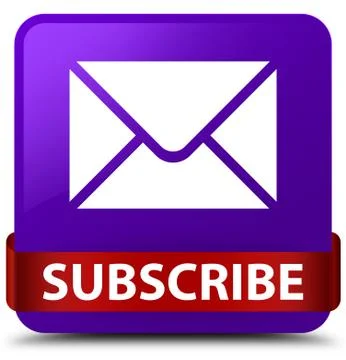 Subscribe (email icon) purple square button red ribbon in middle Illustrazione stock
