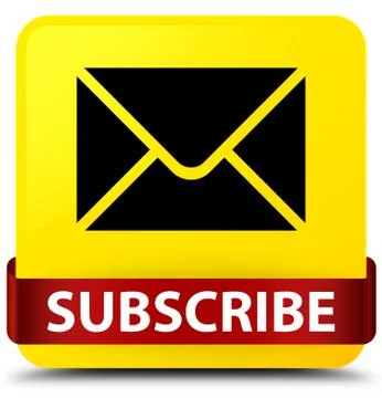 Subscribe (email icon) yellow square button red ribbon in middle Illustrazione stock