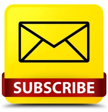 Subscribe (email icon) yellow square button red ribbon in middle Illustrazione stock