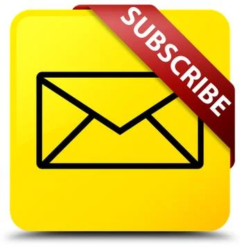 Subscribe (email icon) yellow square button red ribbon in corner Stock Illustration