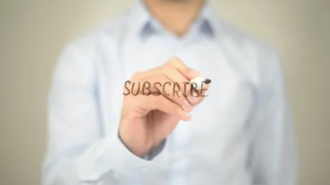 Subscribe, Man Writing on Transparent Screen Foto stock