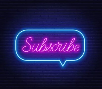 Subscribe neon text in a speech bubble frame on a brick wall background. Stock Illustration