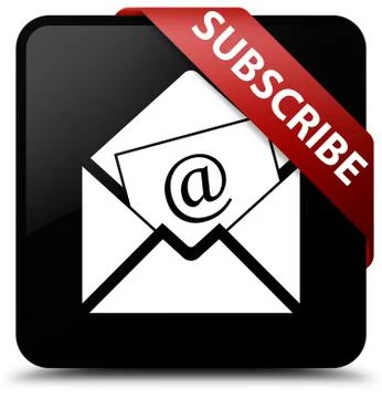 Subscribe (newsletter email icon) black square button red ribbon in corner Stock Illustration