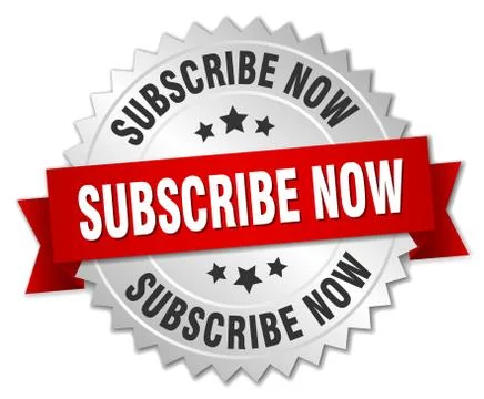 Subscribe now 3d silver badge with red ribbon Stock Illustration