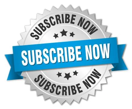 Subscribe now 3d silver badge with blue ribbon Stock Illustration