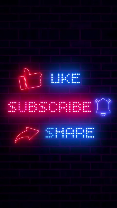 Subscribe Like Share Animation Neon with Glowing Icons on Brick Wall Background Vídeos de archivo 317627616