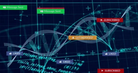 SUBSCRIBE sliding, 3D DNA helix undulating, notifications piling then fading, Stock Footage 321783305