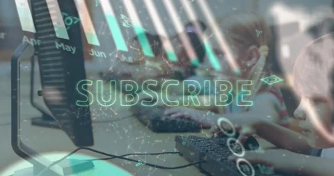 Subscribe text and statistical data processing over caucasian boy using computer Stock Footage 328359774