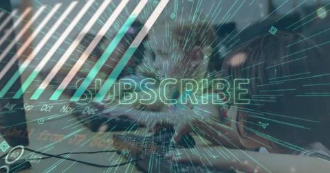 Subscribe text and statistical data processing over caucasian boy using computer 库存照片