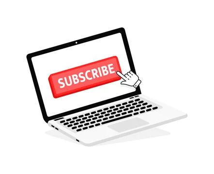 Subscribe text on Laptop screen with a red button . Button with pointer clicking Stock-Illustration