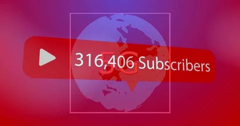 Subscriber count displaying over globe in gradient, with red play button and Stock Photos