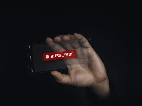 Subscription concept. Big red subscribe button with bell icon on the screen o Foto stock