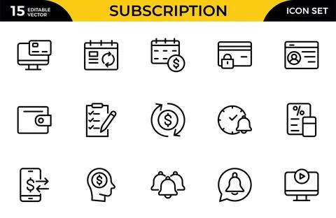 Subscription line icon set. The set includes a Subscription, Newsletter, Ne.. Stock Illustration
