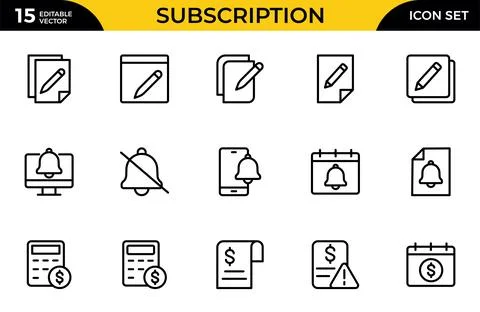 Subscription line icon set. The set includes a Subscription, Newsletter, Ne.. Stock Illustration