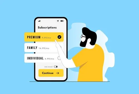 Subscription management UI with premium plan selected on mobile screen, showing 스톡 일러스트